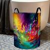 Printed Vibrant Music Note Circular Foldable Storage Basket Made of Polyester Designed As a Laundry Hamper with Handles