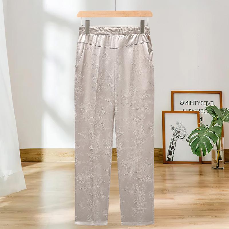 2026 Spring Women s Jacquard Straight-Leg Pants High-Waist Wide-Leg Frog Button Satin 2XL хаки