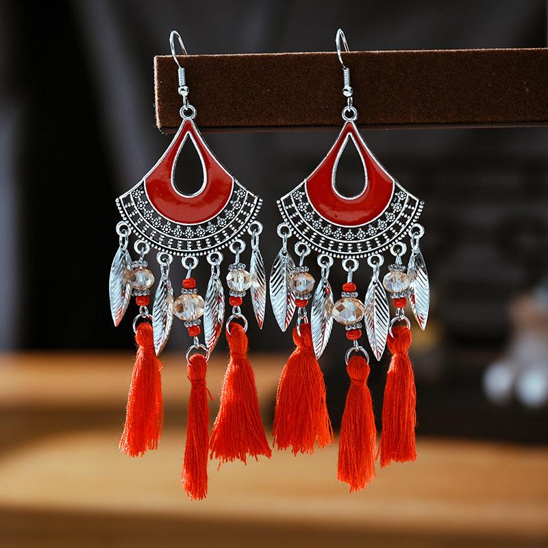 Bohemian Ethnic Style Tassel Earrings for Women Retro Waterdrop Round Fan Shaped Handmade Beaded Dangle Earring Lady Jewelry