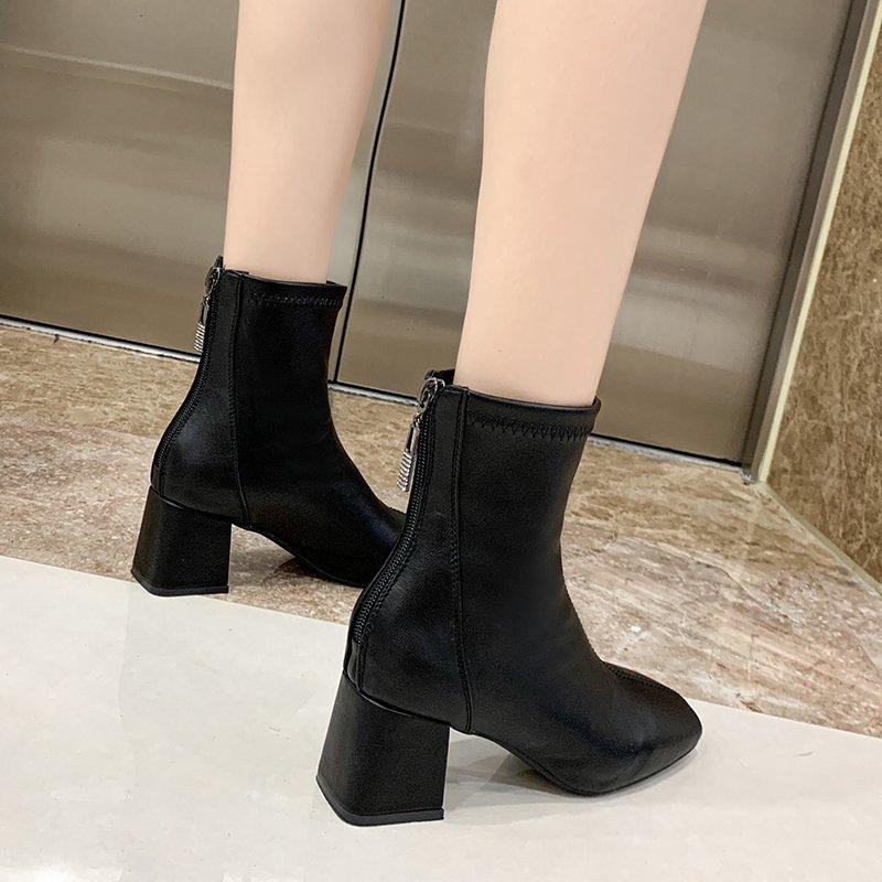 Dames Ensfarget Mote Høye Hæler med Glidelås bak Mote Støvletter Høye Støvletter Lærsko Midhøye Støvletter Damesko