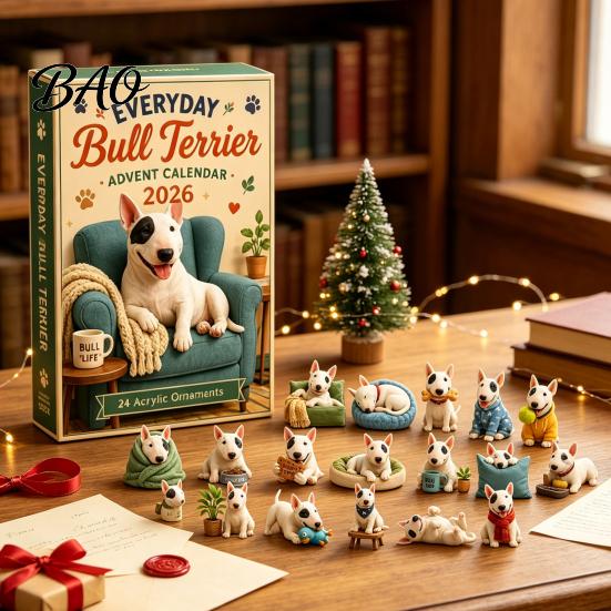Birthday Gift for Children Everyday Bull Terrier Advent Calendar 2026, 24 Day Christmas Countdown with Decoration Home Acrylic Ornaments, Decorative