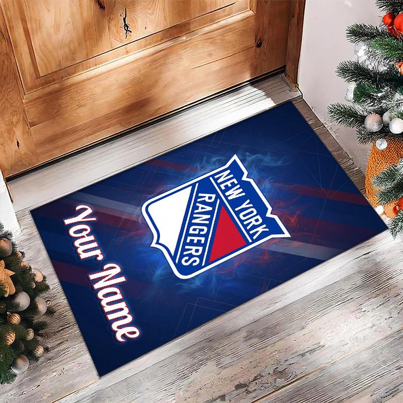 New York Rangers Crystal Velvet Rug, Custom Name Text Personalized Non‑Slip Floor Mat for Home Decor Gift