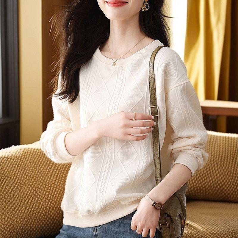 Autumn Winter Round Neck Loose Casual Jacquard Sweatshirt Women Solid Color Simple All-match Pullover Top S белый