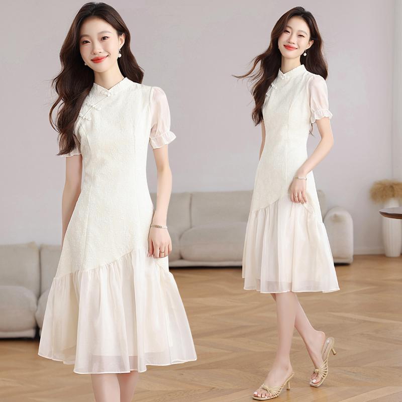 Elegant Summer Cheongsam Dress Chinese Style Vintage Slim Fit Women Fashion