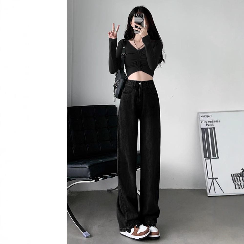 Women's High-Waisted Straight-Leg Jeans: Spring 2025, Thin, Small Size, Loose, Wide-Leg, Floor-Length