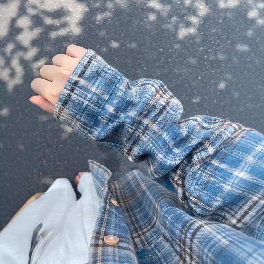 Women's Harajuku Style Blue Plaid Oversized Long-Sleeve Shirt - Casual, Versatile for Spring & Autumn
