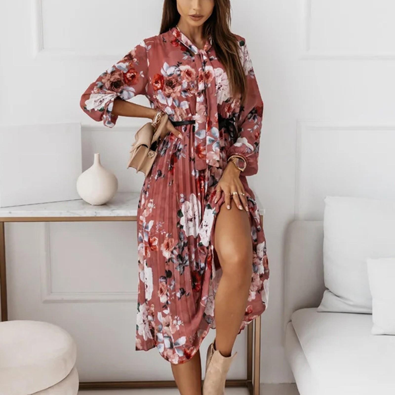 

Женское шифоновое плиссированное платье с длинными рукавами и принтом, мини-платье с принтом и оборками XXL розовый