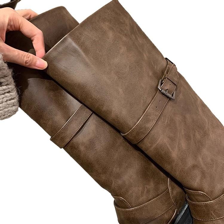 Cowhide Version~ Dune Aesthetics Velvet Retro Double Buckle 2025 New Medium and High Tube Western Boots Female Knight Boots Winter