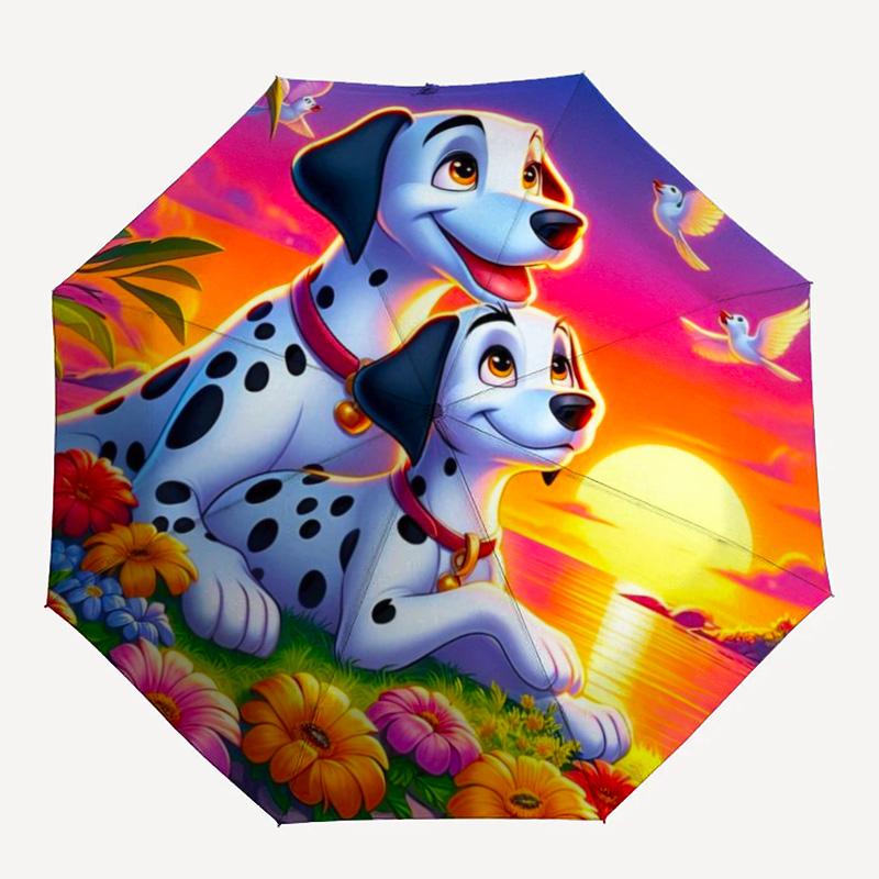 Cartoon Dalmatian Dog Print Umbrella, Sunset Flower Background Foldable Rain Umbrella