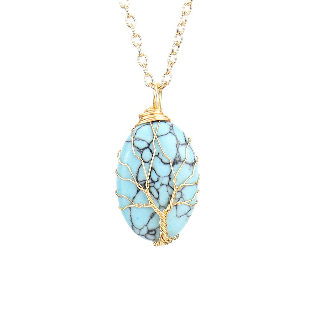 Silk Natural Crystal Rough Stone Egg-Shaped Gold Winding Tree Of Life Pendant Necklace N644
