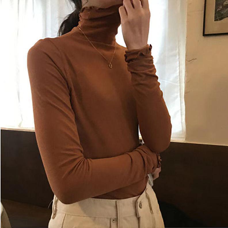 Women's High Collar Solid Color Slim Fit Long Sleeve Top for Spring and Autumn