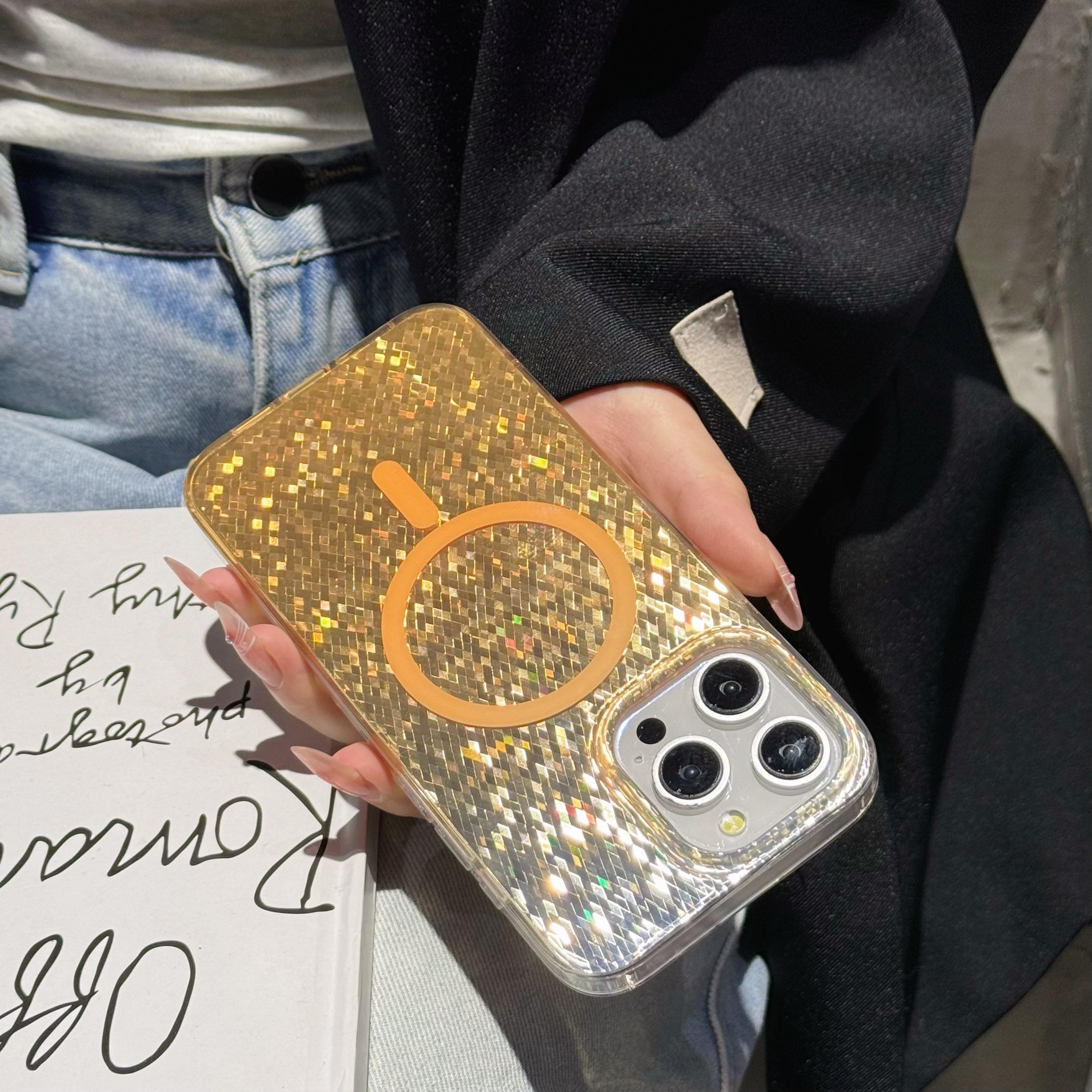 

For iPhone 14 Pro Case Compatible with MagSafe IMD Geometric Rhombus PC+TPU Phone Cover Gold