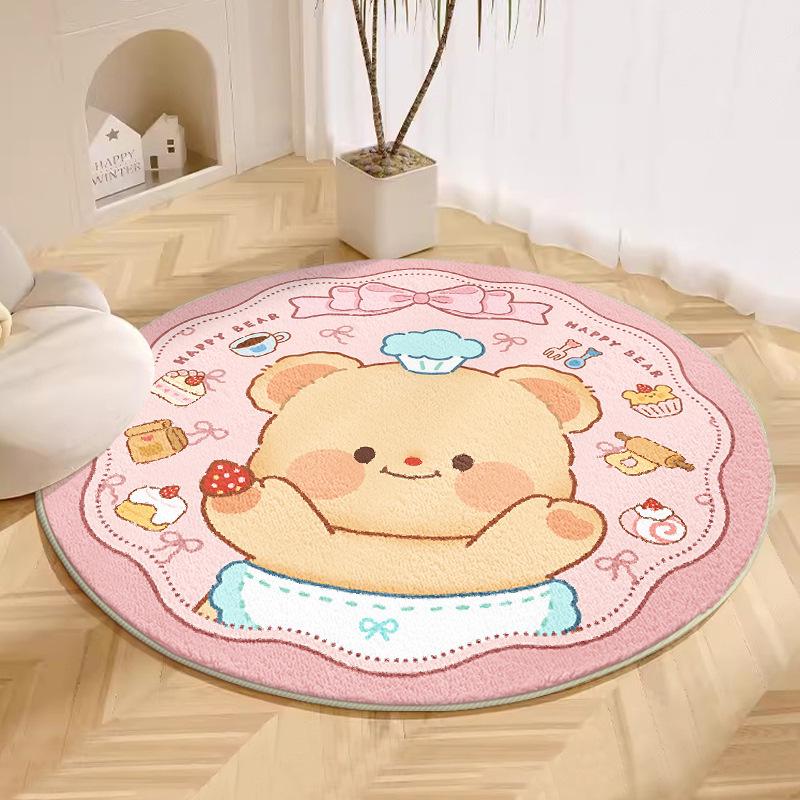 Cute Cartoon Pink Carpet for Girls: Cool-Proof Round Faux Cashmere Bedside Rug.