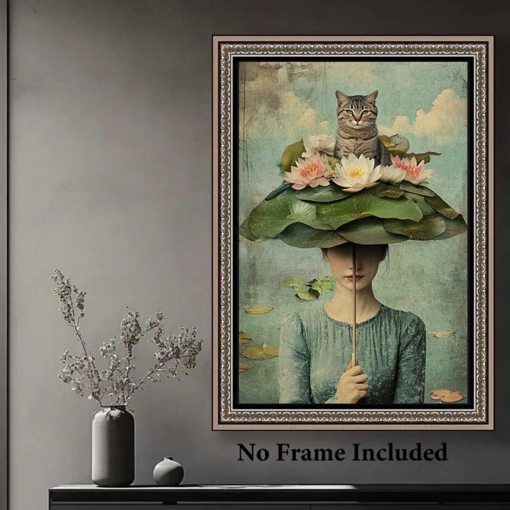 

Tinplate painting - Dreamy Lotus Cat Lady Print - Blue Dress Home Decor for Living Room Bedroom Office 20x30cm（7.8x11.8inch）
