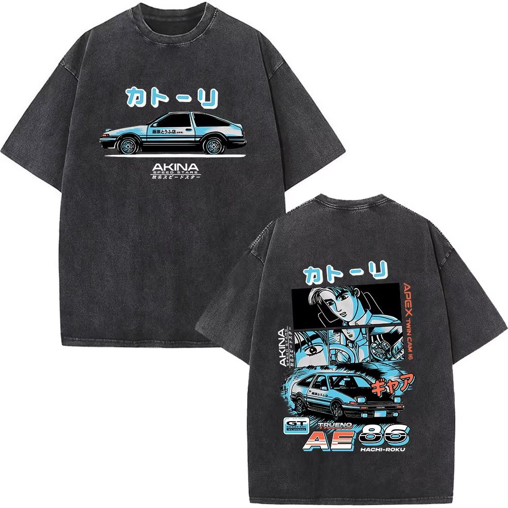 Initial D AE86 JDM Drift T-Shirt Vintage Washed Cotton Graphic Tee Men Unisex Oversized Crew Neck Short Sleeve Retro Streetwear Top Car Merch Gift