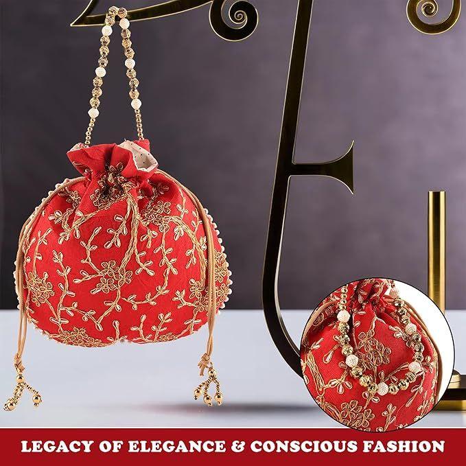 Jute Handbags for Women | Embroidered Women Potli Bag | Traditional Indian Goody Bags | Drawstring Bags for Wedding | Pack of 5