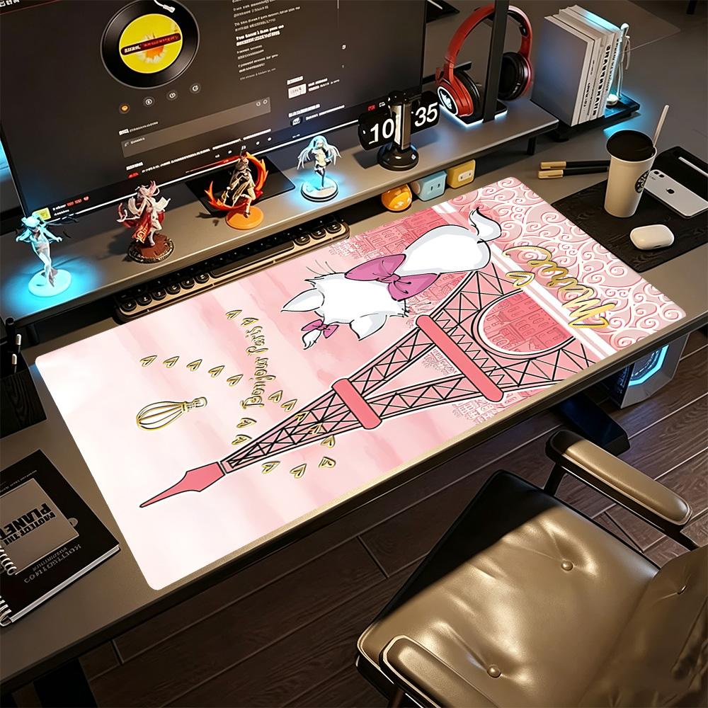 Pink Parisian Cat Large Mouse Pad Keyboard Mat Computer Desk Mat Non-Slip Rubber Bottom Computer Decor Item Office Use