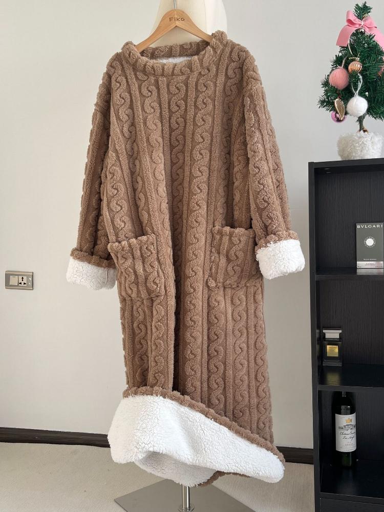 

Супер потовщені та флісові халати з жакардовим малюнком з коралового флісу, великі ковдри для ходьби, зимова піжама, теплий домашній одяг та нічні сорочки M коричневий