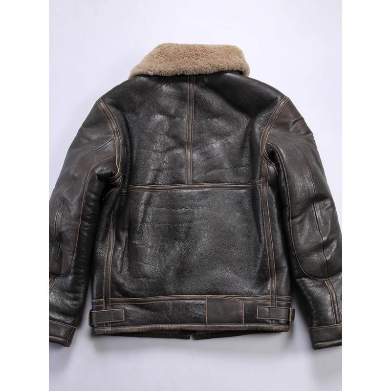 Vintage RLB3 Sheepskin Leather Flight Jacket for Men with Fur Lining and Distressed Horsehide Pockets