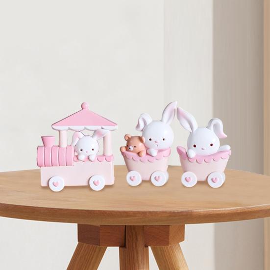 3Pcs Pink Rabbit Figurines Model Decoration Lovely Train Bunny Craft Ornament Cartoon Animal Statue Model Cupcake Topper