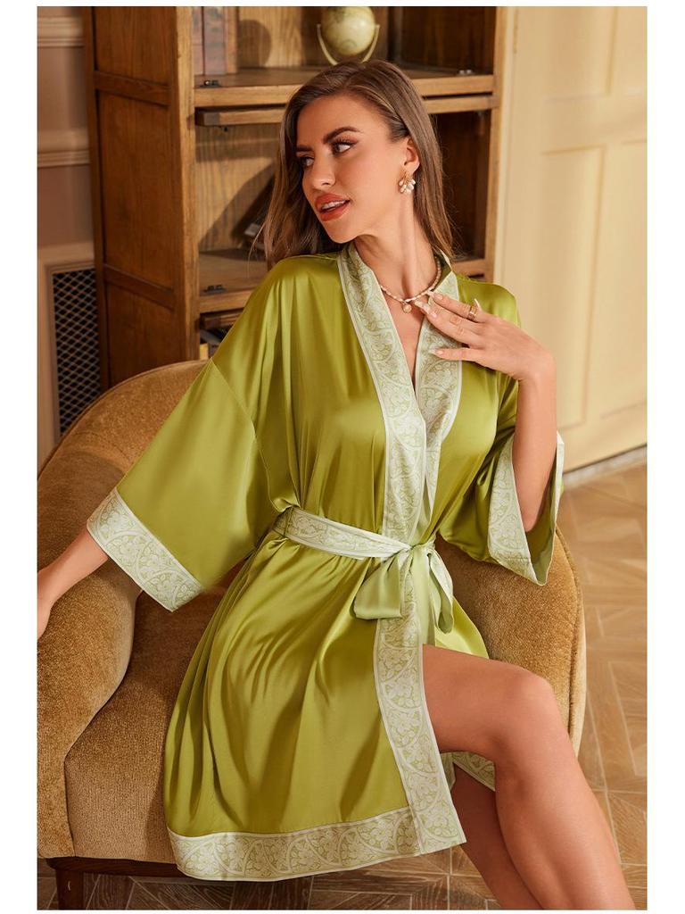 Yaoting Elegant Retro Chinese-Style Satin Nightgown for Women, Luxurious & Noble Home Bathrobe - Summer 3370.