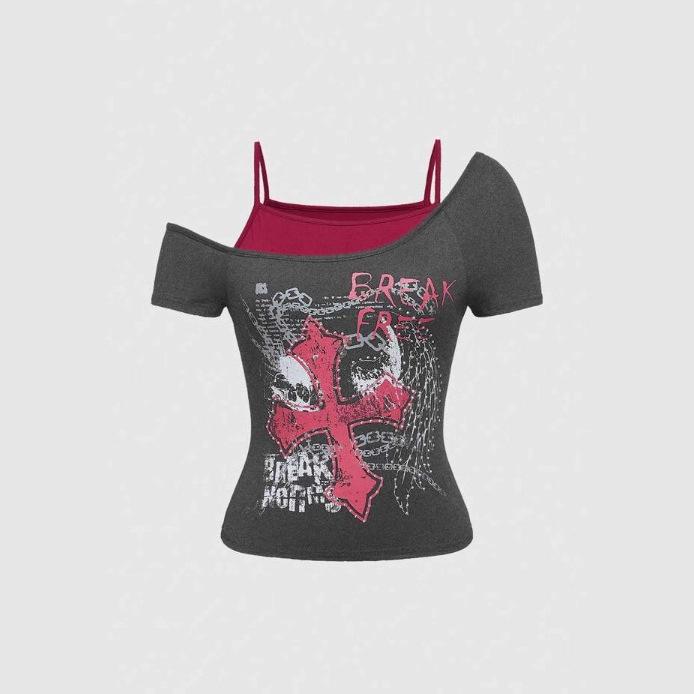 2026 Cross-border Sweet and Spicy Patchwork Punk T-shirt for Women - Irregular, Versatile Short-sleeved Top