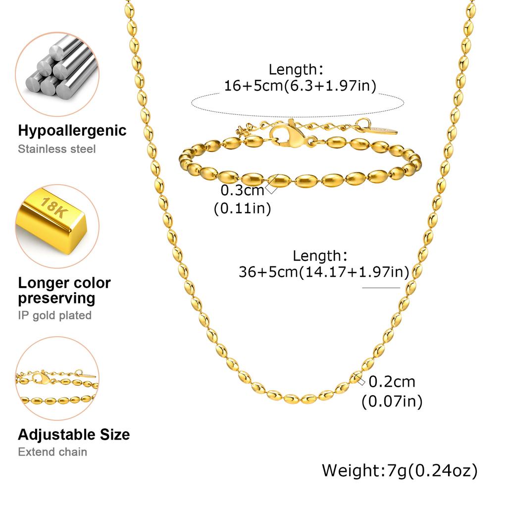 Vnox 18K Gold Plated Luxury Classic Oval Beads Chain Necklace Bracelet Set, Trendy Stainless Steel Jewelry for Women Girl Gifts