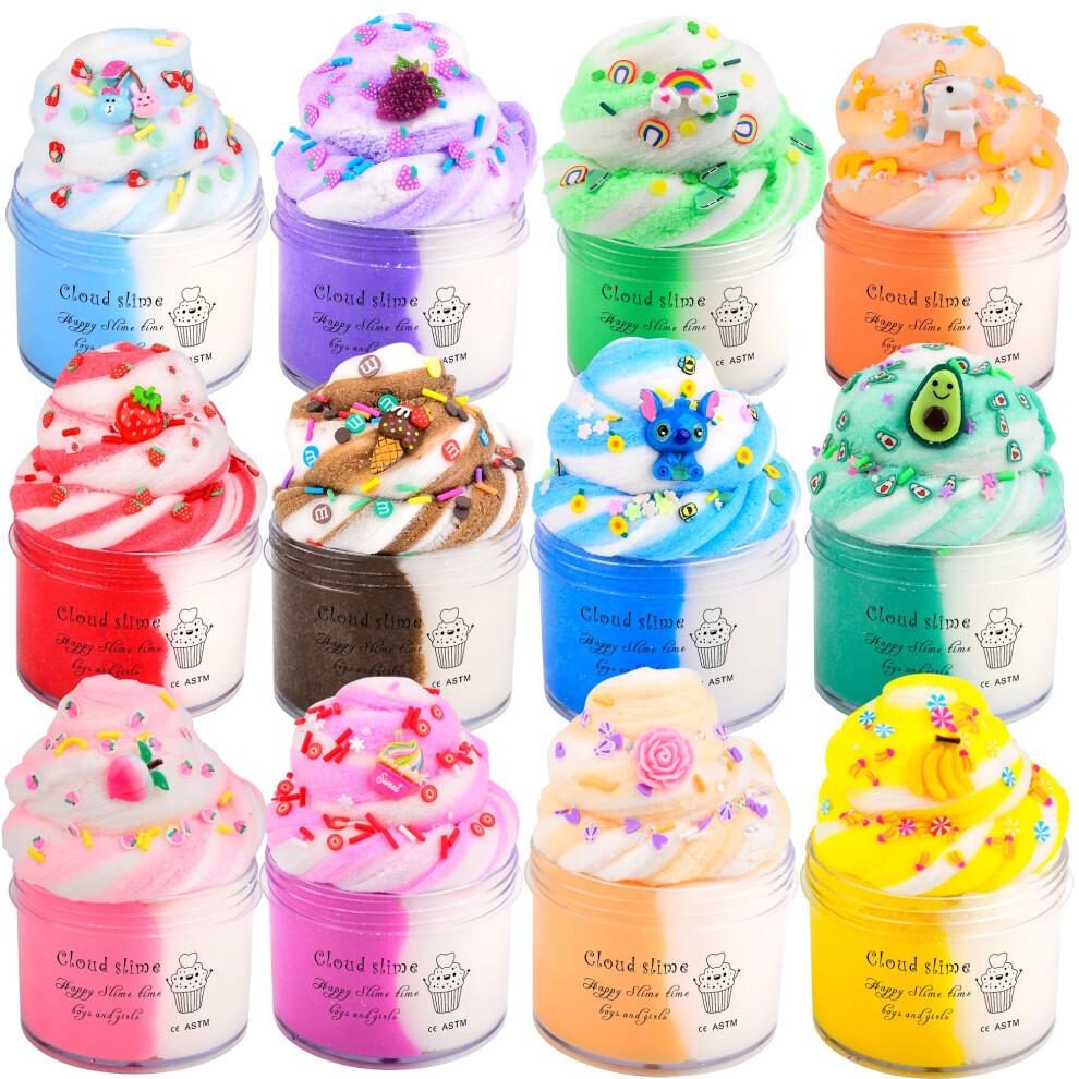 Cloud Slime Kit 12 Pack,With Stitch Rainbow Cake Strawberry Rose Slimes Charms,Fluffy Slime for Girls and Boys,Stress Relief Toy for Kids