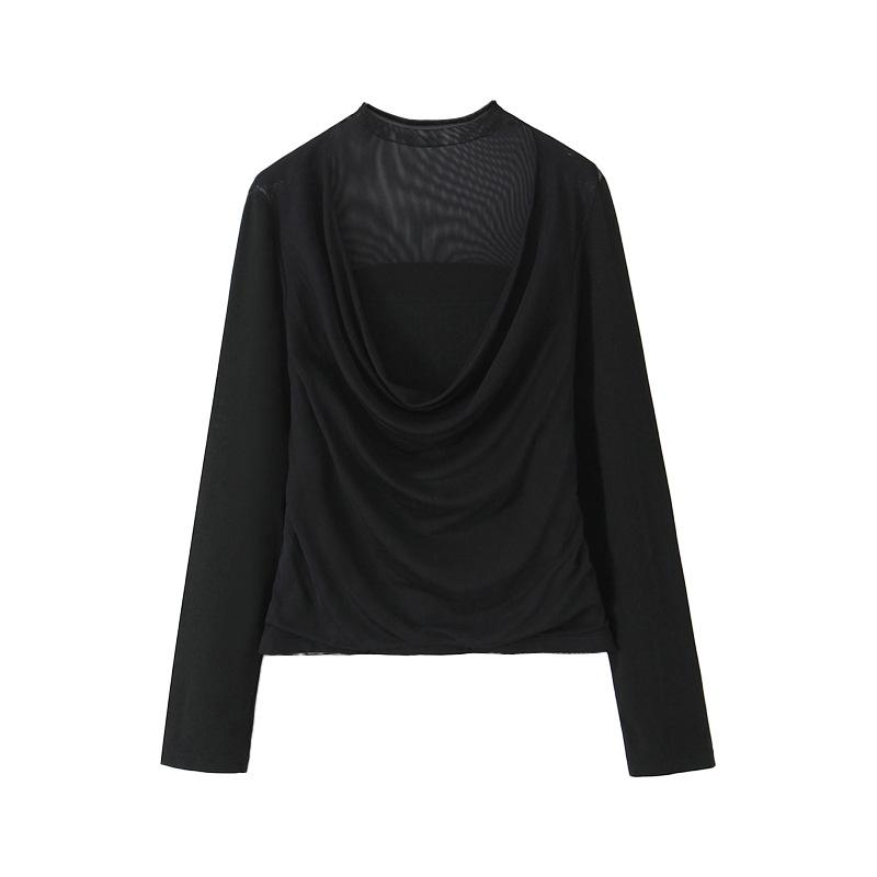 Lightly Mature Mesh Swing Collar Cinched Waist Long-Sleeve Plus Size French Latin Top 2XL