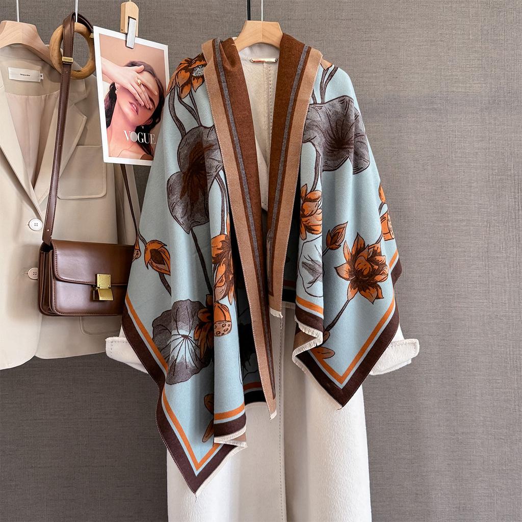 New Autumn Winter Women Cashmere Scarf Thick Warm Shawl Lotus Flower Print Fashionable And Versatile Elegant Scarves
