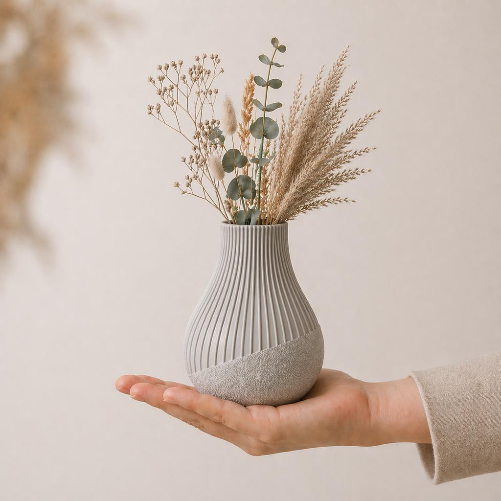 Gray decorative vase, grooved, modern japandi