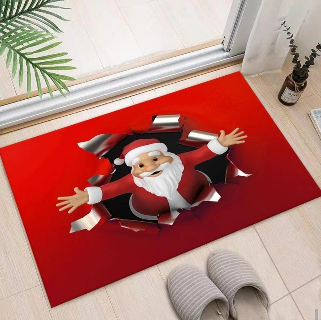 Christmas Themed Door Mat with Santa Claus Elk Snowman Pattern Non Slip Absorbent Indoor Outdoor Welcome Mat for Home Decor
