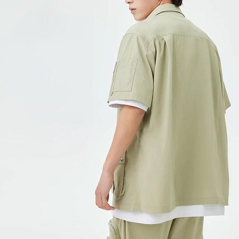 Li-Ning Letter Print Loose Casual Single-Breasted Short Sleeve Shirt Men Shirts Yew-Green AFDT157-3