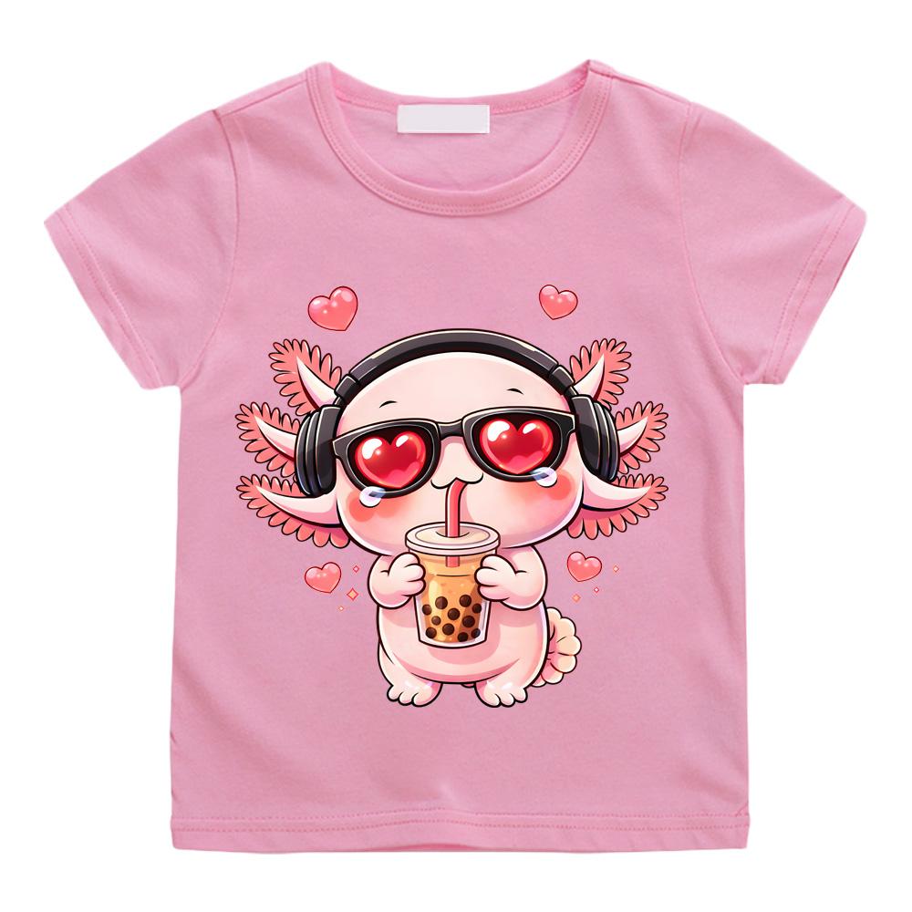 Bubble Tea Love Axolotl T Shirt Kawaii Axolotl Drinking Boba Chibi Anime Design Tee Cotton Boys/girls Cartoon Print Cute Manga Tee-shirt