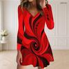 Women Plus Size V Neck Long Sleeve Marble Printed Dark Teal Black Gold Curved Hem Dress