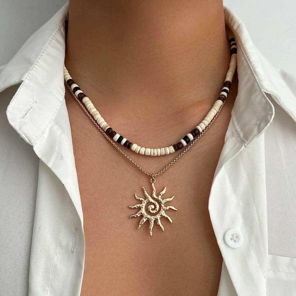 PuRui Bohemia 4 Styles Sun Coconut Husk Pendant Necklace Men Plastic Acrylic CCB Beads 2025 Summer Beach Vacation Zircon Gift