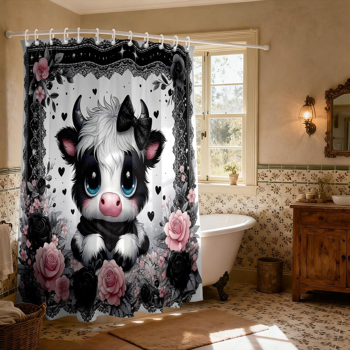 

1Pc Cartoon Cute Highland Cow Print Waterproof Privacy Shower Curtain With 12 Hooks, Multiple Sizes, Easy To Install W60H190(CM)-1 Pcs