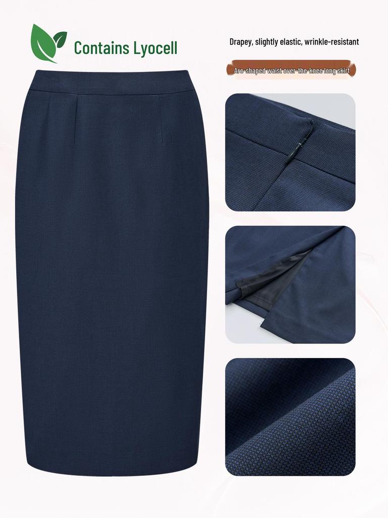 Women's Navy Blue A-Line Over-the-Knee Pencil Skirt - Professional Formal Wear