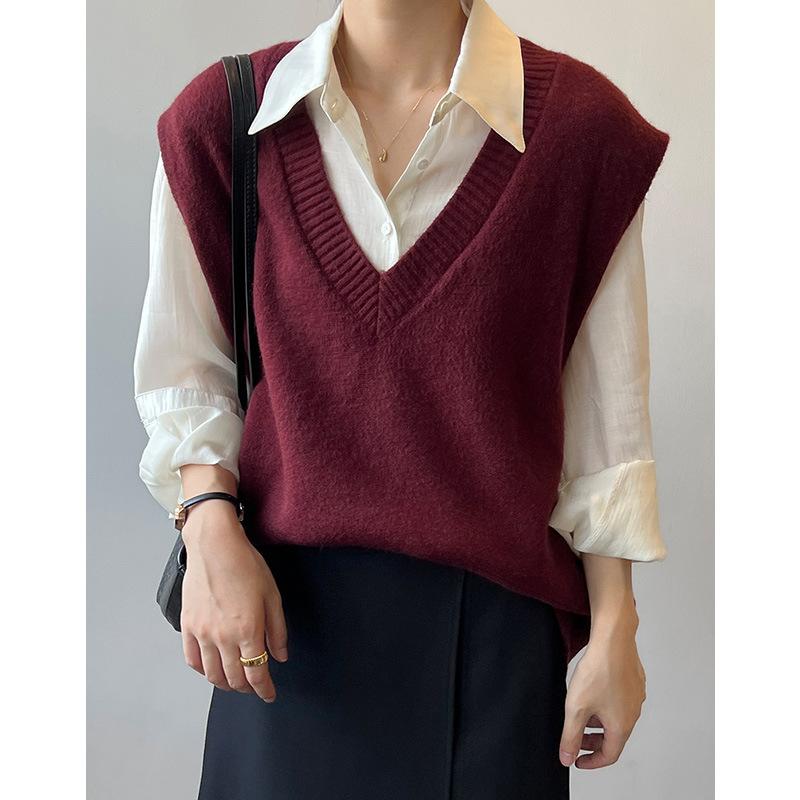Gebreid vest met V-hals Dames Lente Kleding Losse Casual Trui Vest Binnenlaag Top One size black