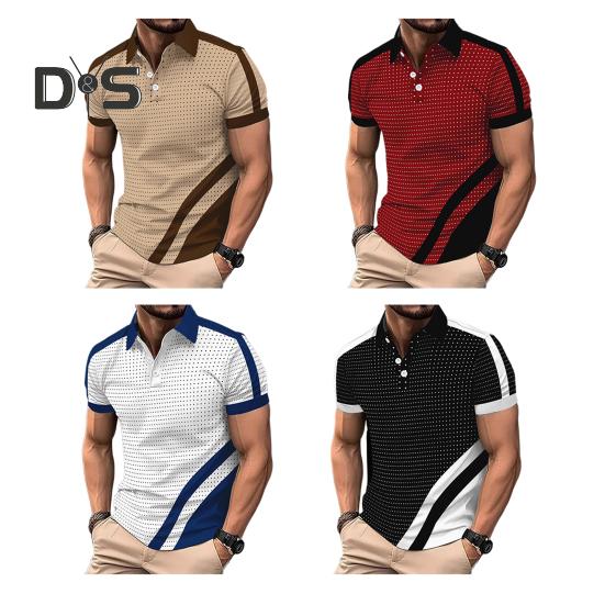 Men's Lapel T-Shirt Slim Fit Polka Dot Polyester Tee Shirt Color Block Summer Casual Short Sleeve Top for Daily Wear Sports Street