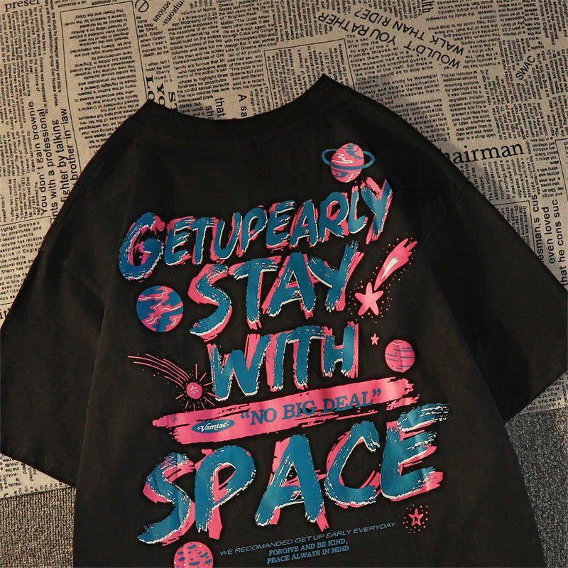 

Летняя женская футболка с коротким рукавом и буквенным принтом, уличная одежда в стиле хип-хоп с короткими рукавами, винтажная футболка, свободная футболка L чёрный