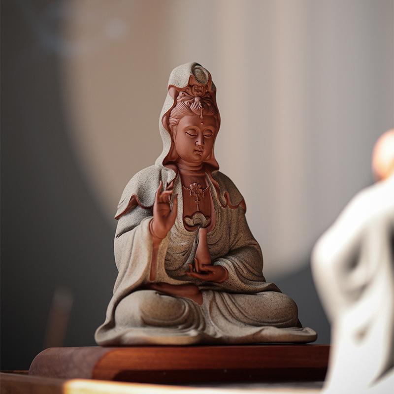 Y New Chinese Zen Guanyin Bodhisattva Buddha Statue Ornament Home Office Tearoom Decoration Crafts Purple Sand Buddhist Decor