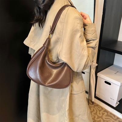 Women Retro Crescent Bag PU Leather with Zipper Hobo Shoulder Bag Solid Handbag Work Casual Underarm Pouch Travel Crossbody Bags