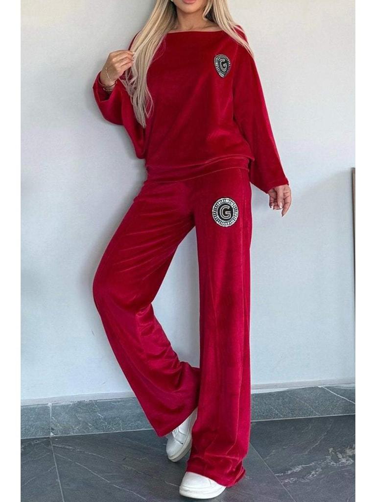 2024 Trendy Dames Goud Fluweel Vleermuismouw Tweedelige Set - Herfst/Lente