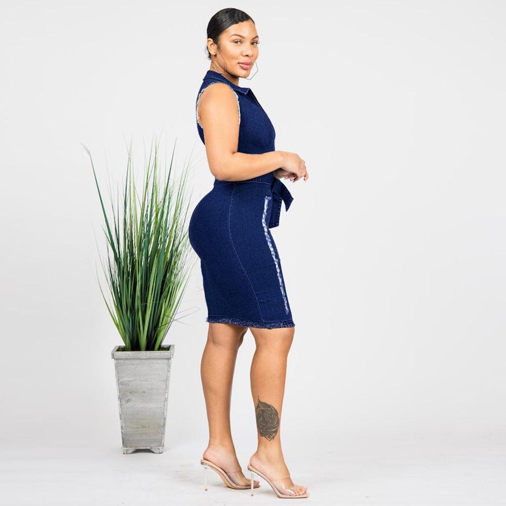 Women's European-American Mid-Length Slimming Distressed Denim Dress