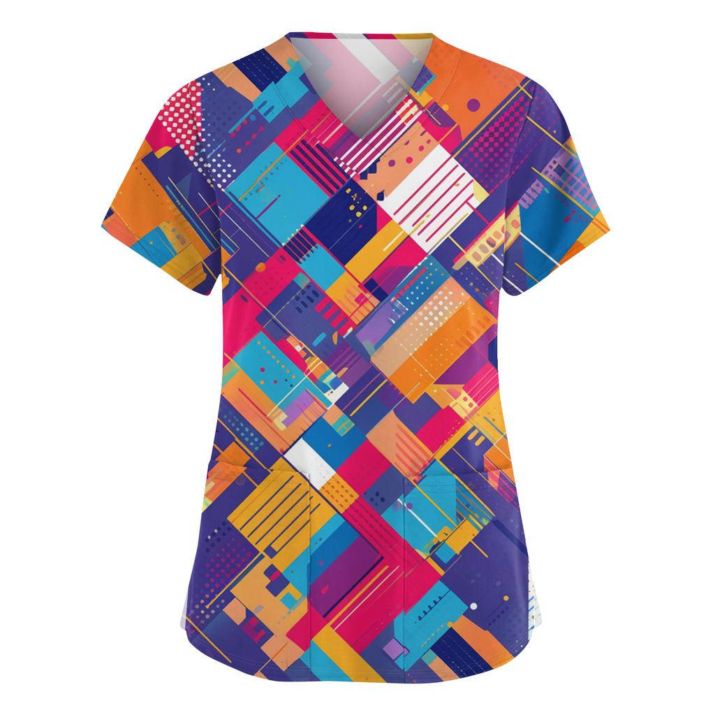 Women's Fashionable V-neck Workwear Printed Short Sleeved Pocket Side Slit Workwear Basic Pullover Top