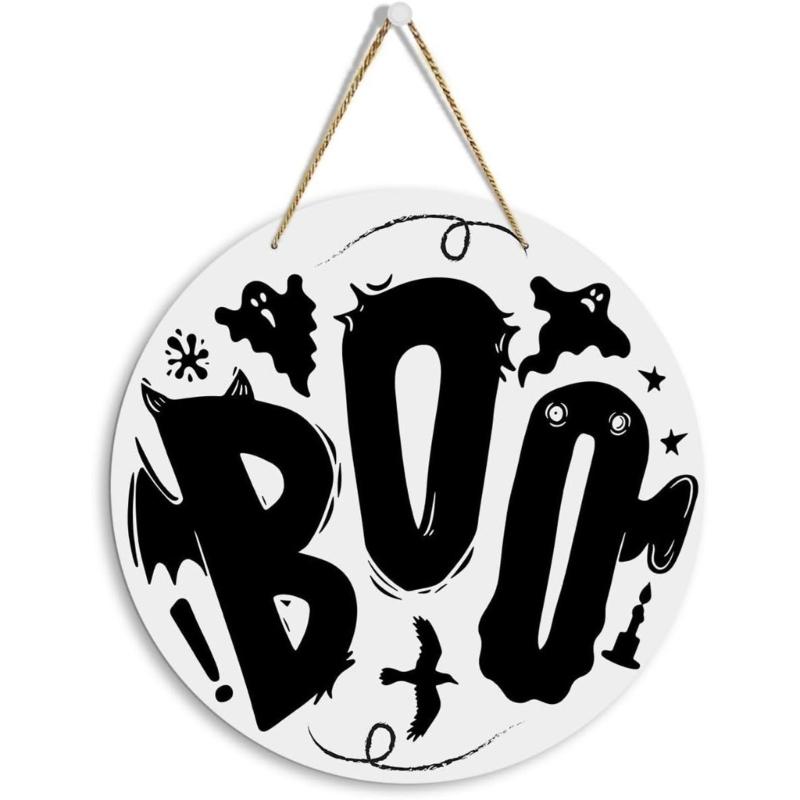 K1AE Halloween Ghostly Door Hanging Sign Decoration Boo Sign Round Sign Farmhouses Front Door Hangers Wreath Home Decors