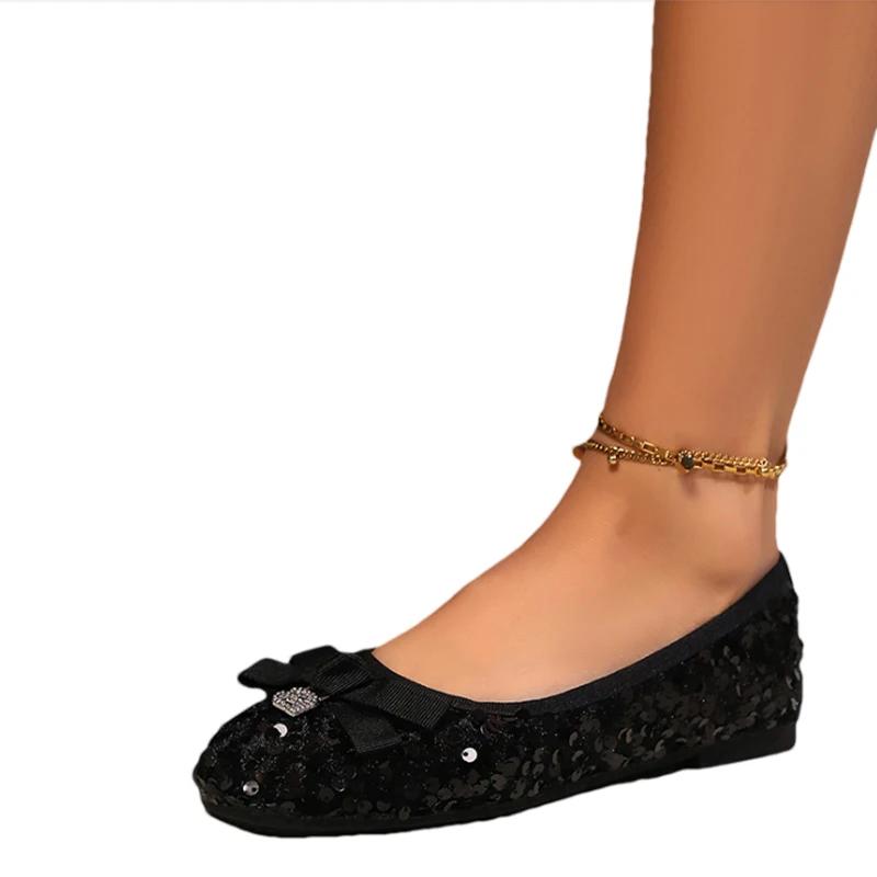 Fashion Women Bow Crystal Bling Shallow Flats Loafers Shoes 2024 Autumn Fashion New Running Casual Shoes Cozy Walking Trend Femme Shoes