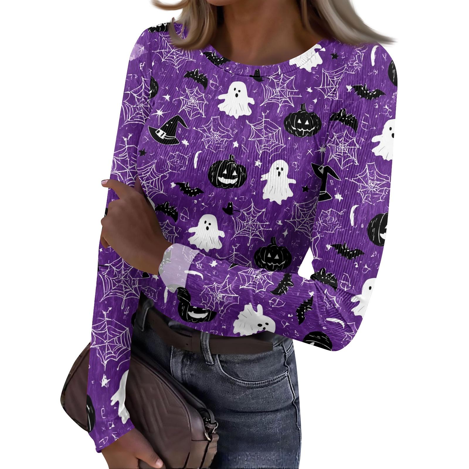 Women s Casual Crewneck Long Sleeve Halloween Print Ribbed Top, Fall Tunic Tops L