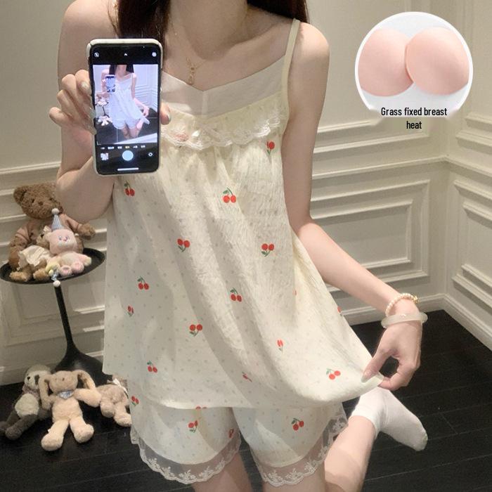 Princess Style Cloud Cotton Pajama Set for Women with Built-in Bra